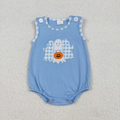 Baby Girl Short Sleeves Embroidery Ghost Pumpkin Halloween Pink Bubble Romper RTS