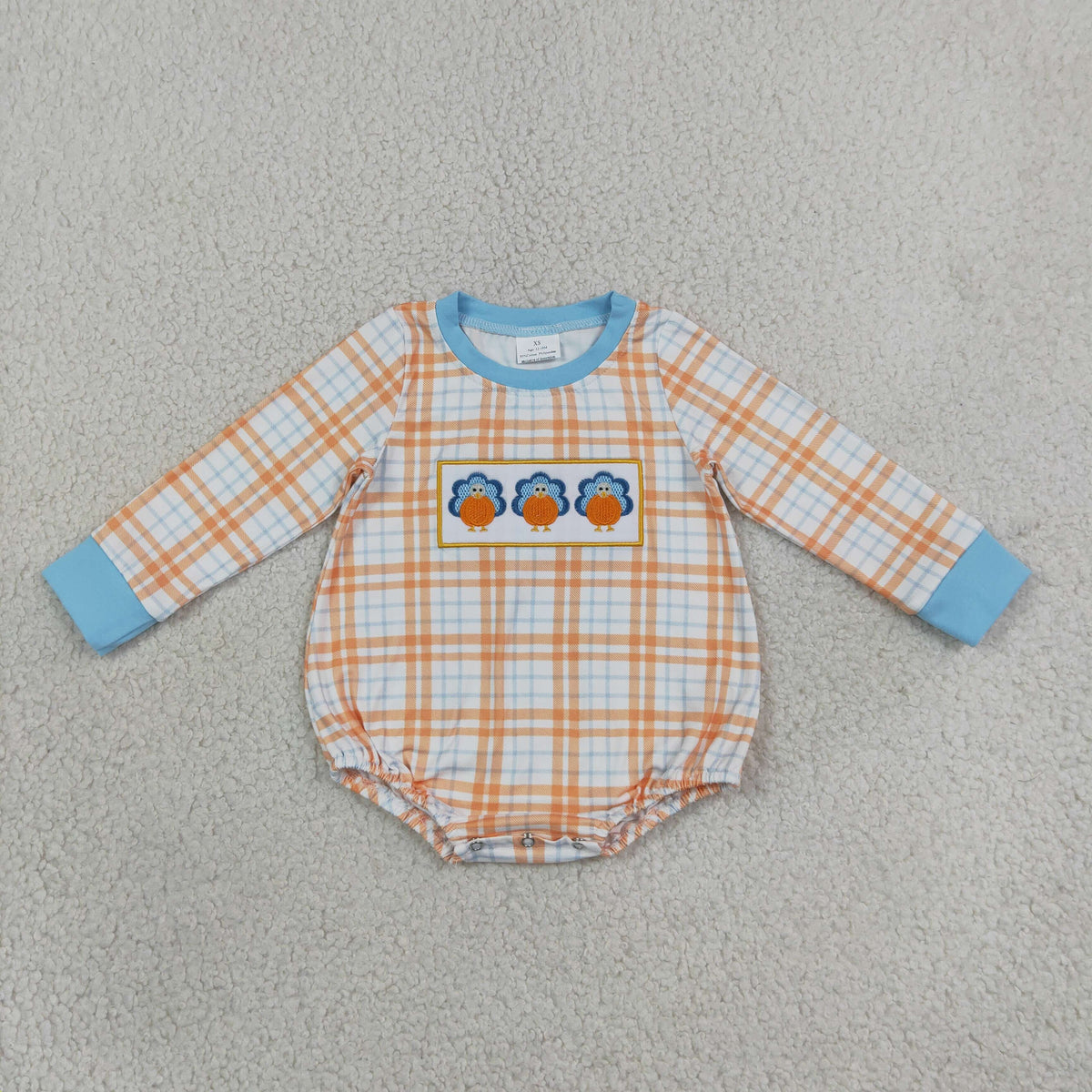 Baby Boy Kids Long Sleeves Embroidery turkey Pumpkins Plaid Romper Fall Clothes RTS