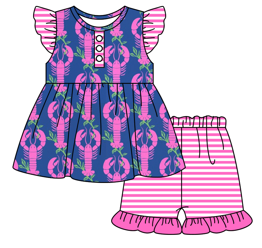 Baby Girl Short Sleeves Crawfish Sibling Romper Dress Clothes Set ( Moq 5 Each Design )