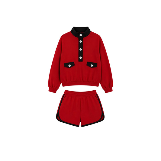 ( Moq 5 ) Preorder Baby Girls Kids Long Sleeves Pockets Buttons Shirt Cotton Shorts Red Set
