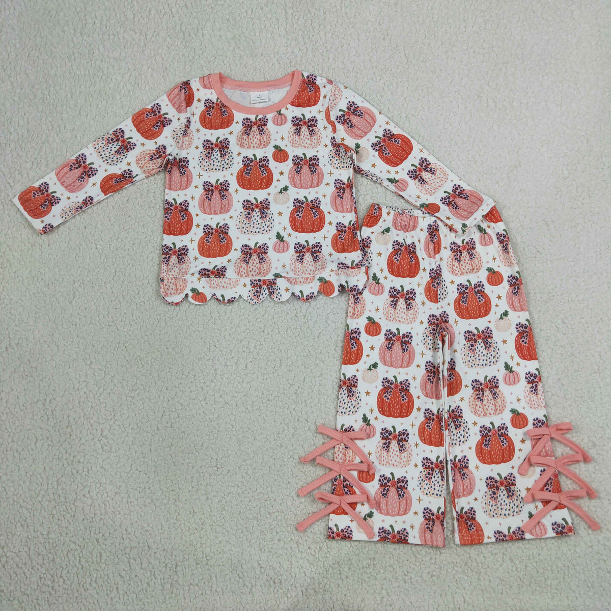 Baby Girls Kids Long Sleeves Pumpkins Bows Scallop Shirt Pants Set Fall Clothes RTS