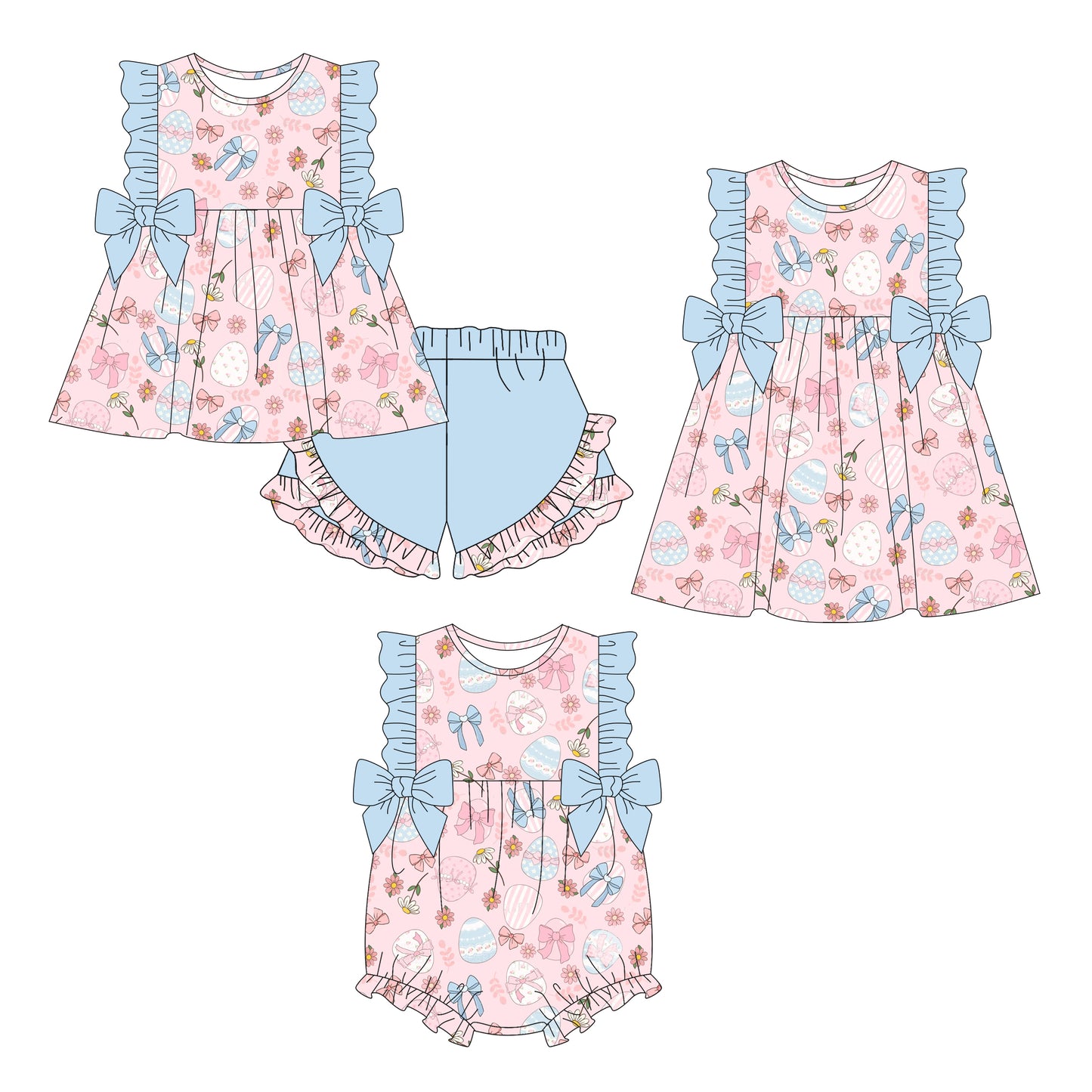 ( Moq 5 Each Style ) Baby Girls Kids Eggs Flower Blue Bows Sibling Easter Romper Dress Set