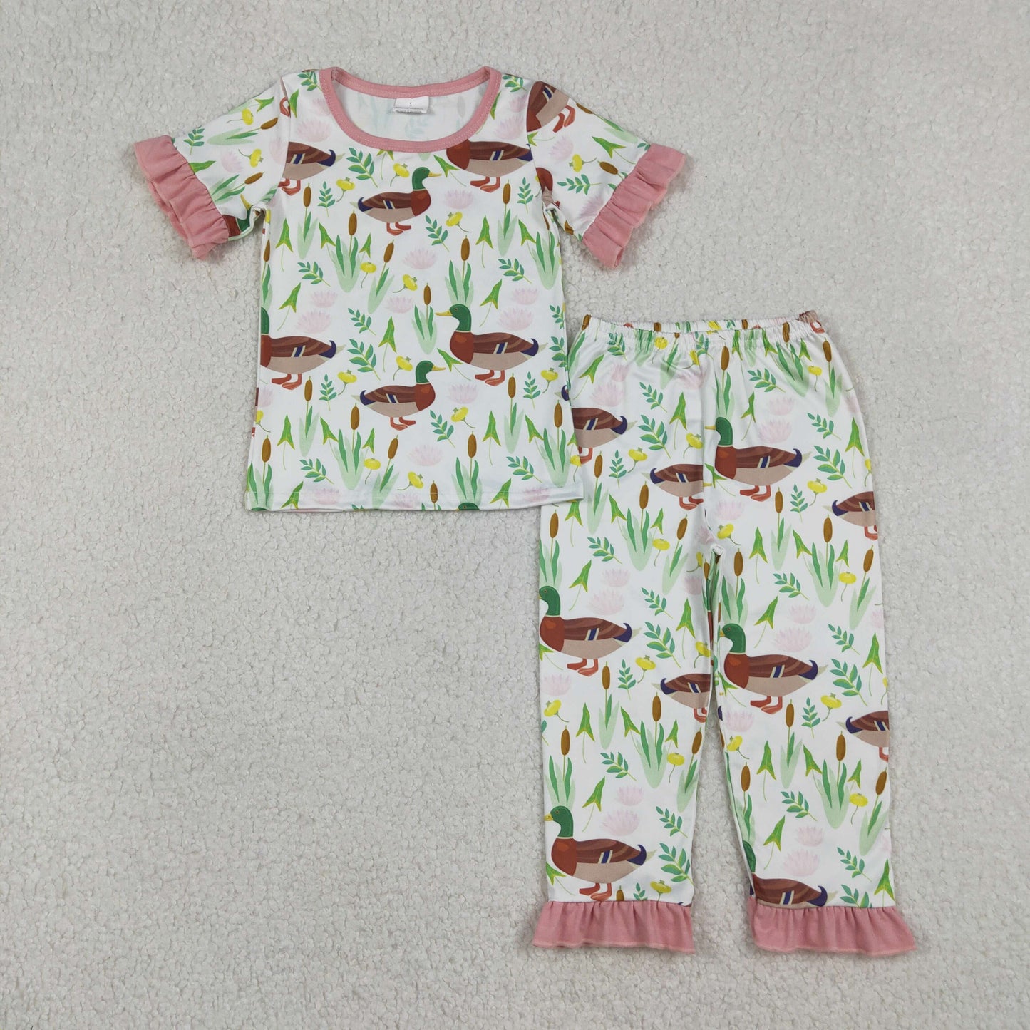Baby Girls Kids Short Sleeves Ducks Flower Shirt Pants Pajamas Set RTS