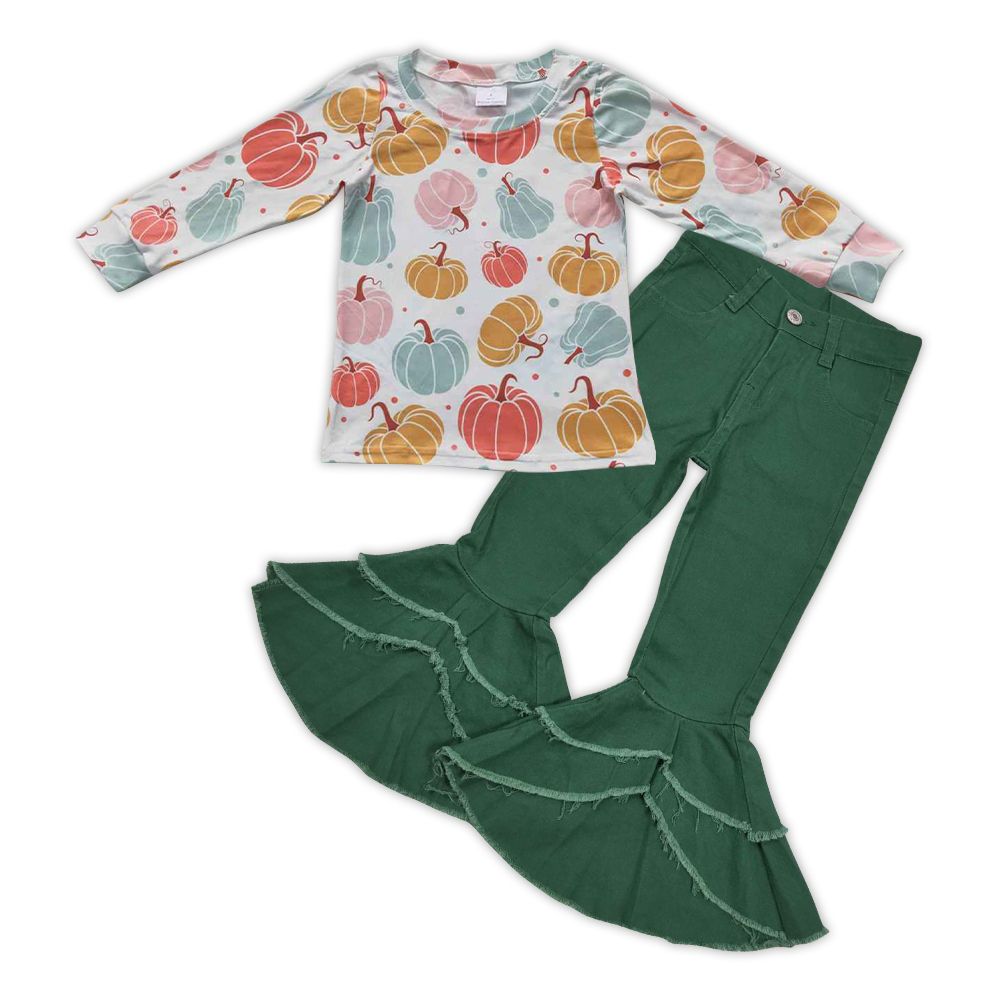 Baby Girl Long Sleeves Pumpkin Shirts Green Bell Denim Pants Fall Outfit