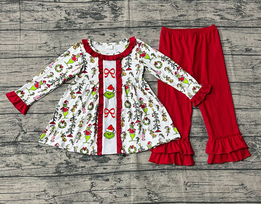 ( No moq ) Preorder Girls Kids Embroidery Green Face Bows Tunic Red Pants Christmas Clothes Set