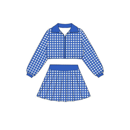 ( Moq 5 ) Preorder Baby Girls Kids Long Sleeves Blue Plaid Zipper Tops Skirt Shorts Set Yoga Active Clothes