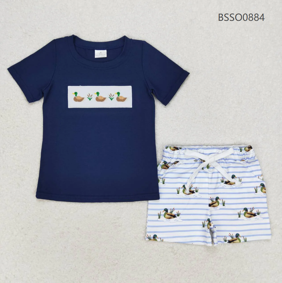 Baby Boys Kids Short Sleeves Embroidery Ducks Shirt Pocket Shorts Set RTS