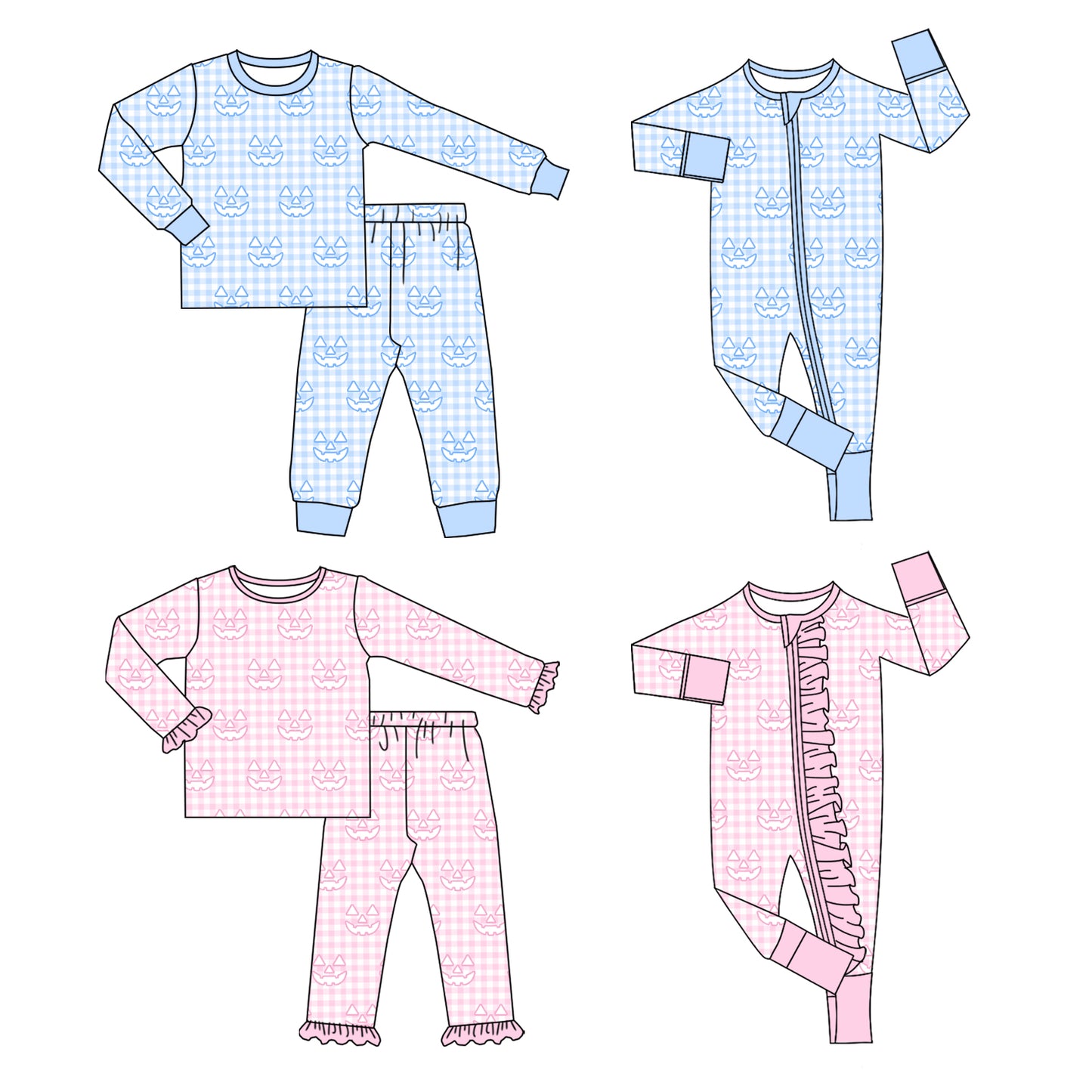( Moq 5 Each Style ) Baby Boys Girls Kids Long Sleeves Plaid Halloween Sibling Rompers Sets Pajamas Clothes