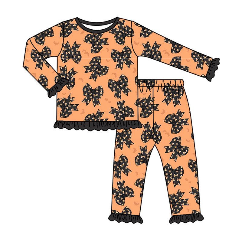 ( Moq 5 ) Preorder Baby Girls Kids Candy Corn Bows Shirt Pants Halloween Set Pajamas Clothes
