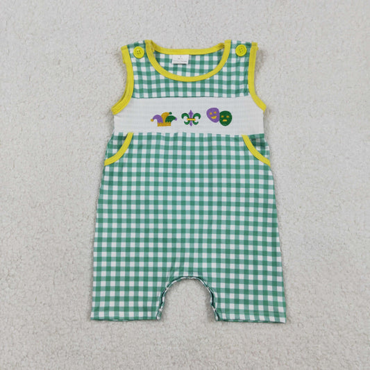 Baby Boys Embroidery Anchors Pockets Green Plaid Smocked Mardi Gras Romper RTS