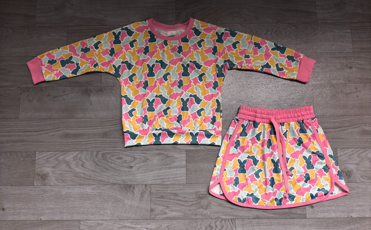 ( No moq ) Preorder Baby Girls Kids Long Sleeves Shirt Rabbits Camo Skirt Shorts Easter Set