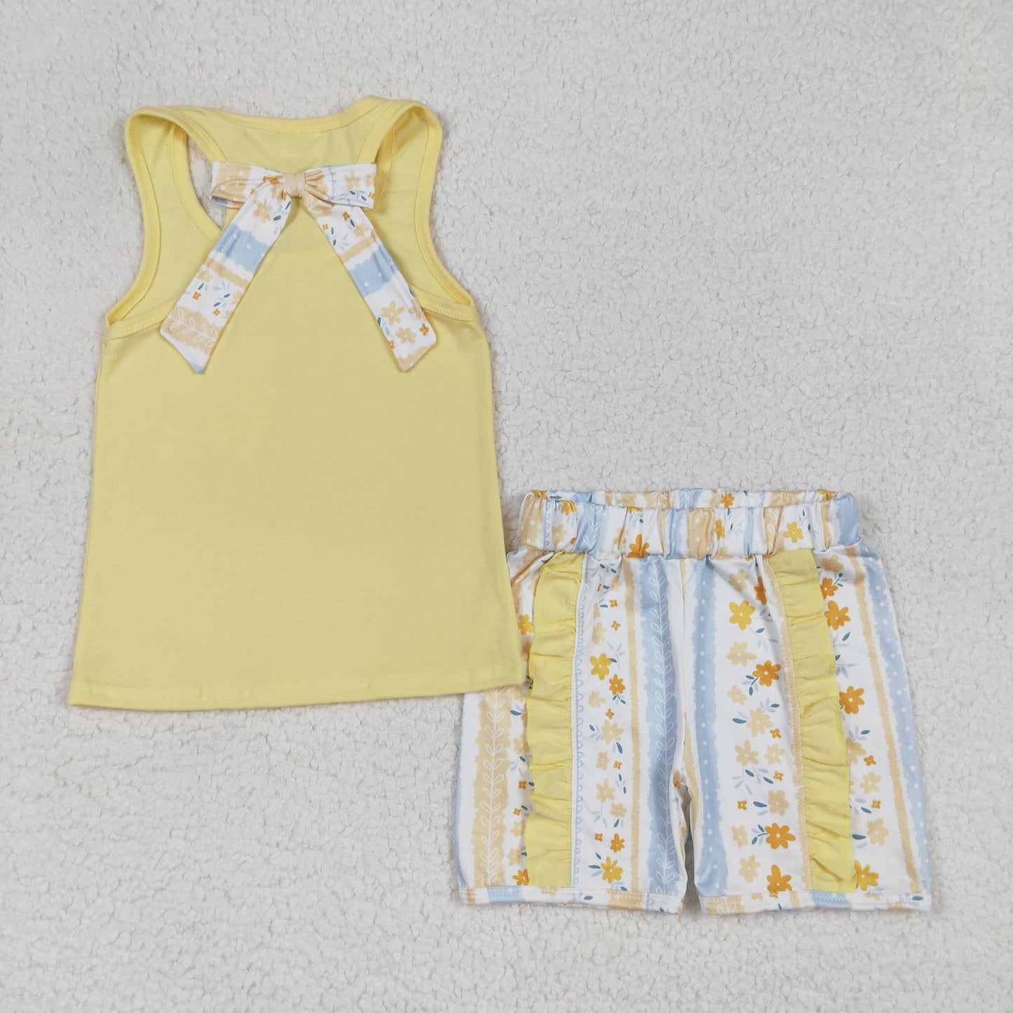 Baby Girl Sleeveless Pocket Bow Yellow Vest Shirt Flower Shorts Clothes Set RTS