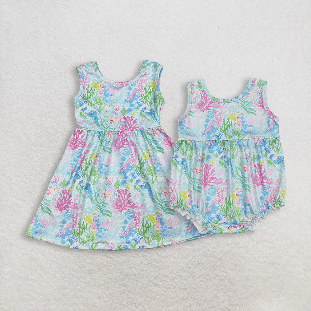 Sibling Baby Girls Kids Sleeveless Sea Flower Knee Length Dress Romper Summer Clothes
