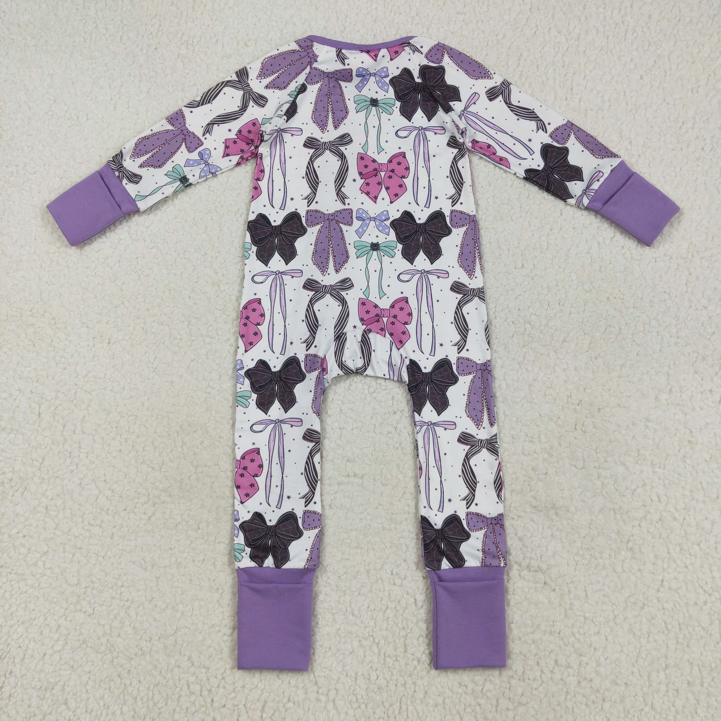 Baby Girl Long Sleeves Halloween Bows Purple Zipper Romper RTS