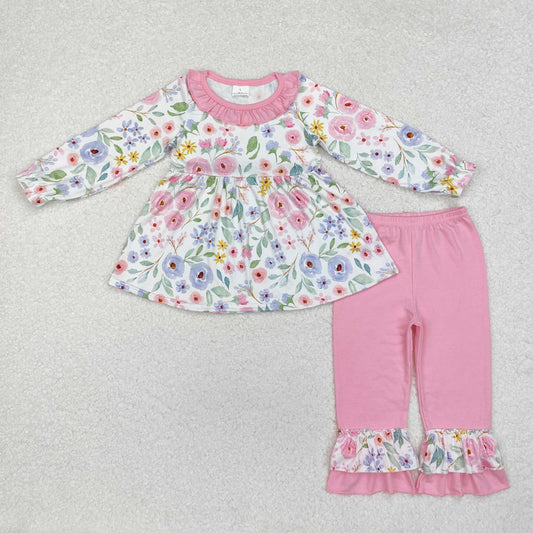 Baby Girl Long Sleeves Flower Tunic Pink Ruffle Pants Set