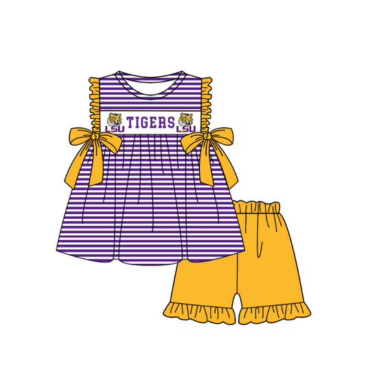 ( Moq 5 ) Baby Girls Toddler Short Sleeves Tigers Bows Purple Stripes Tunic Red Shorts Team Set