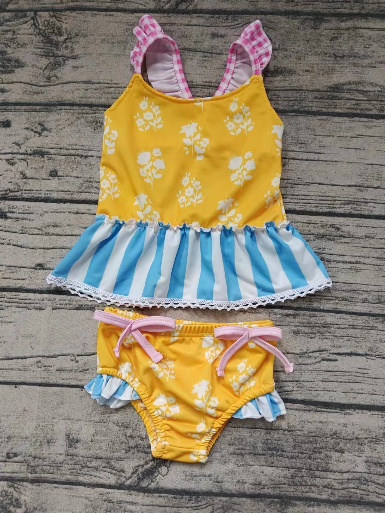 Moq 5 Baby Girl Bathing Suit Floral Stripes Tops Shorts Set Swimsuit