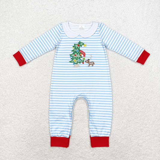 Baby Boy Christmas Embroidery Tree Dogs Blue Stripes Romper