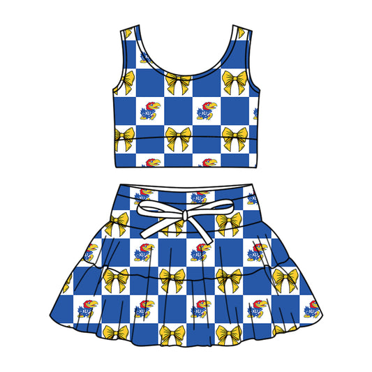 ( Moq 5 ) Baby Girls Toddler Bows Blue Checked Tops Shorts Skirt Team Set