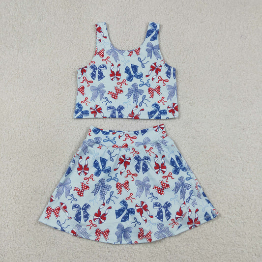 Baby Girls Red Blue Bows Tops Skirt Shorts 4th of July Set Yoga Active Clothes RTS