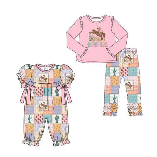 ( Moq 5 Each Style ) Sibling Baby Girls Kids Western Cowgirl Cactus Romper Set Clothes