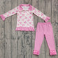 Girls kids Pink Bows Zipper Pullover Shirt Pink Ruffle Pants Clothes Set RTS