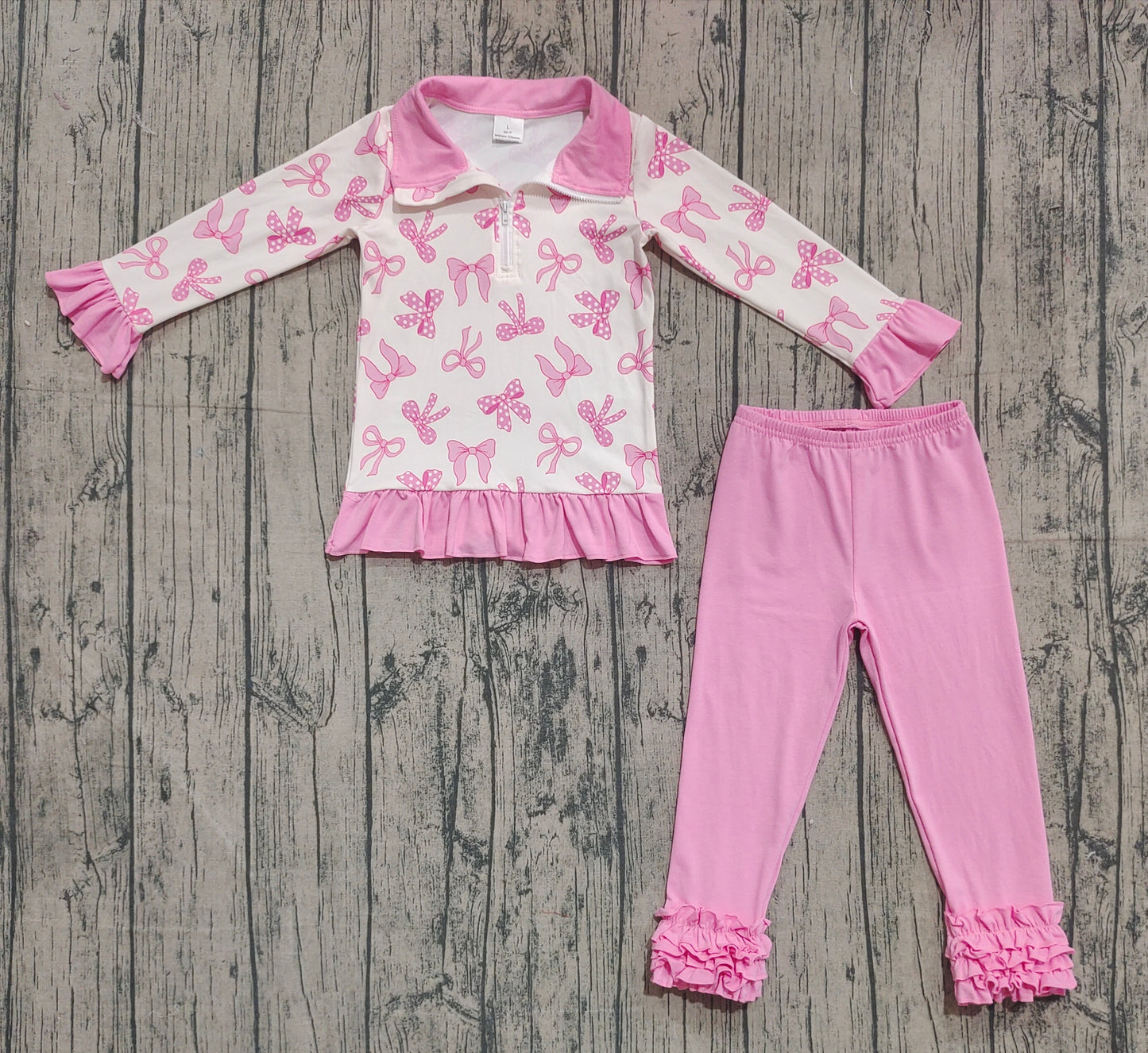 ( No moq ) Preorder Girls kids Pink Bows Zipper Pullover Shirt Pink Ruffle Pants Clothes Set