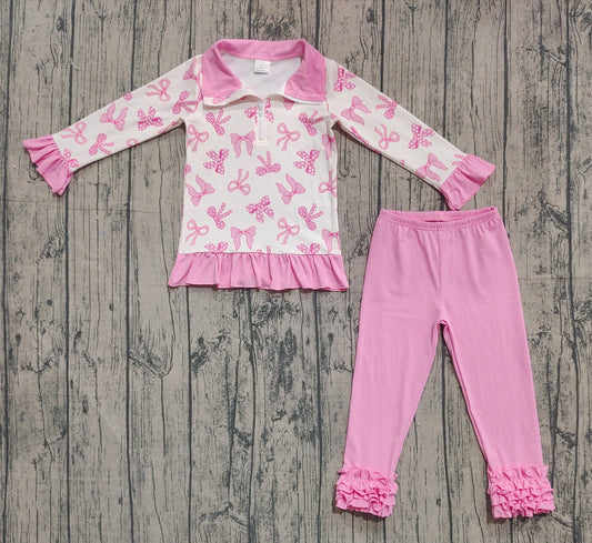 ( No moq ) Preorder Girls kids Pink Bows Zipper Pullover Shirt Pink Ruffle Pants Clothes Set