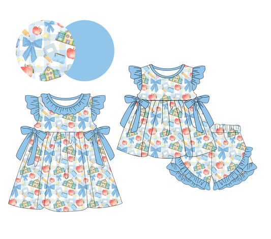 ( Moq 5 Each Style ) Baby Girls Kids Blue Bows Pencil Plaid Sibling Back to School Dress Set