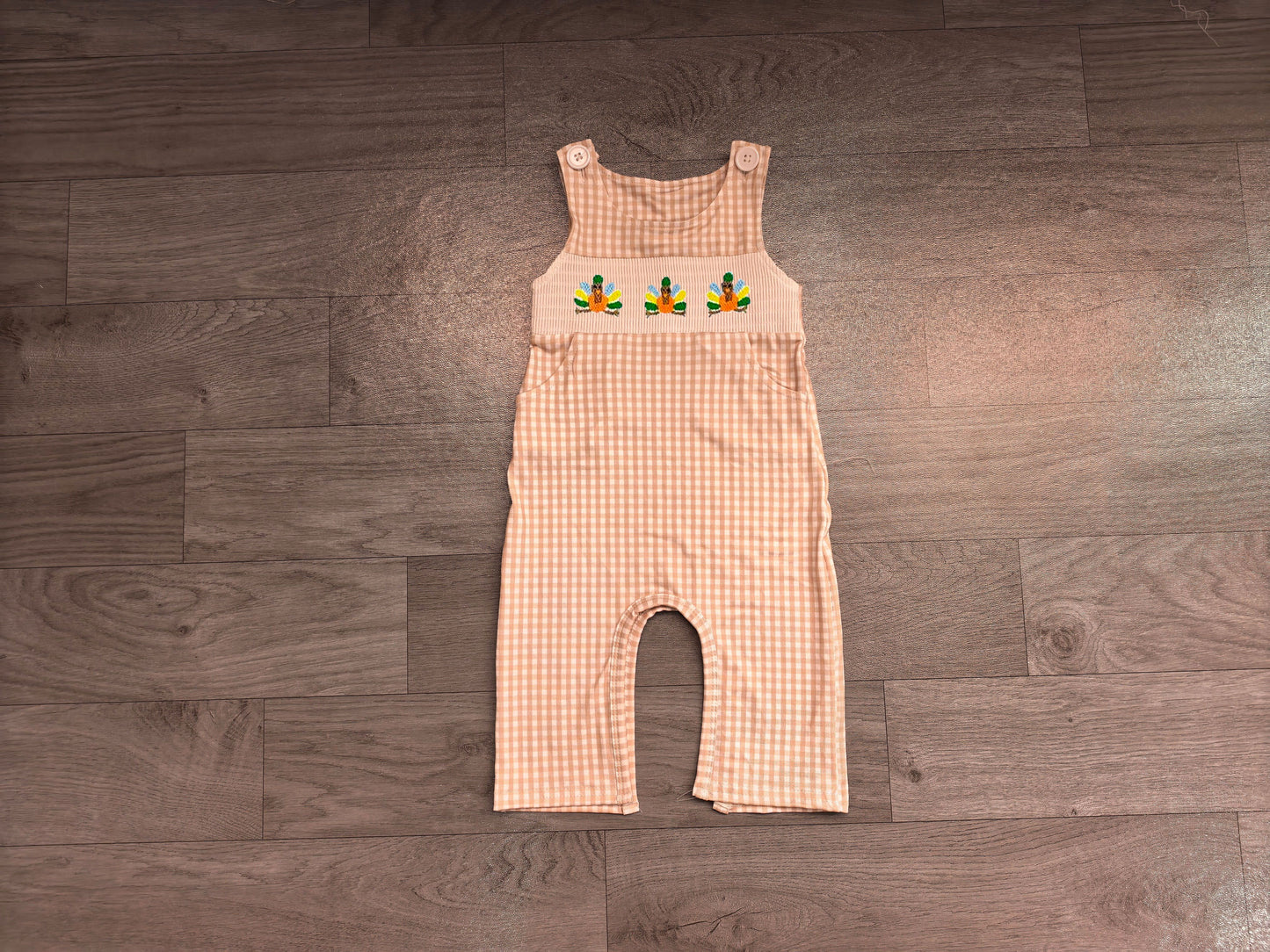 ( No moq ) Preorder Baby Boy Infant Embroidery turkey Plaid Pockets Fall Romper