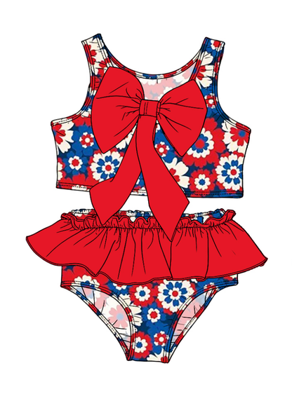 ( Moq 5 Each Style ) Sibling Baby Girls Kids Flower Tops Ruffle Shorts 4th of July Sets Summer Swimsuits