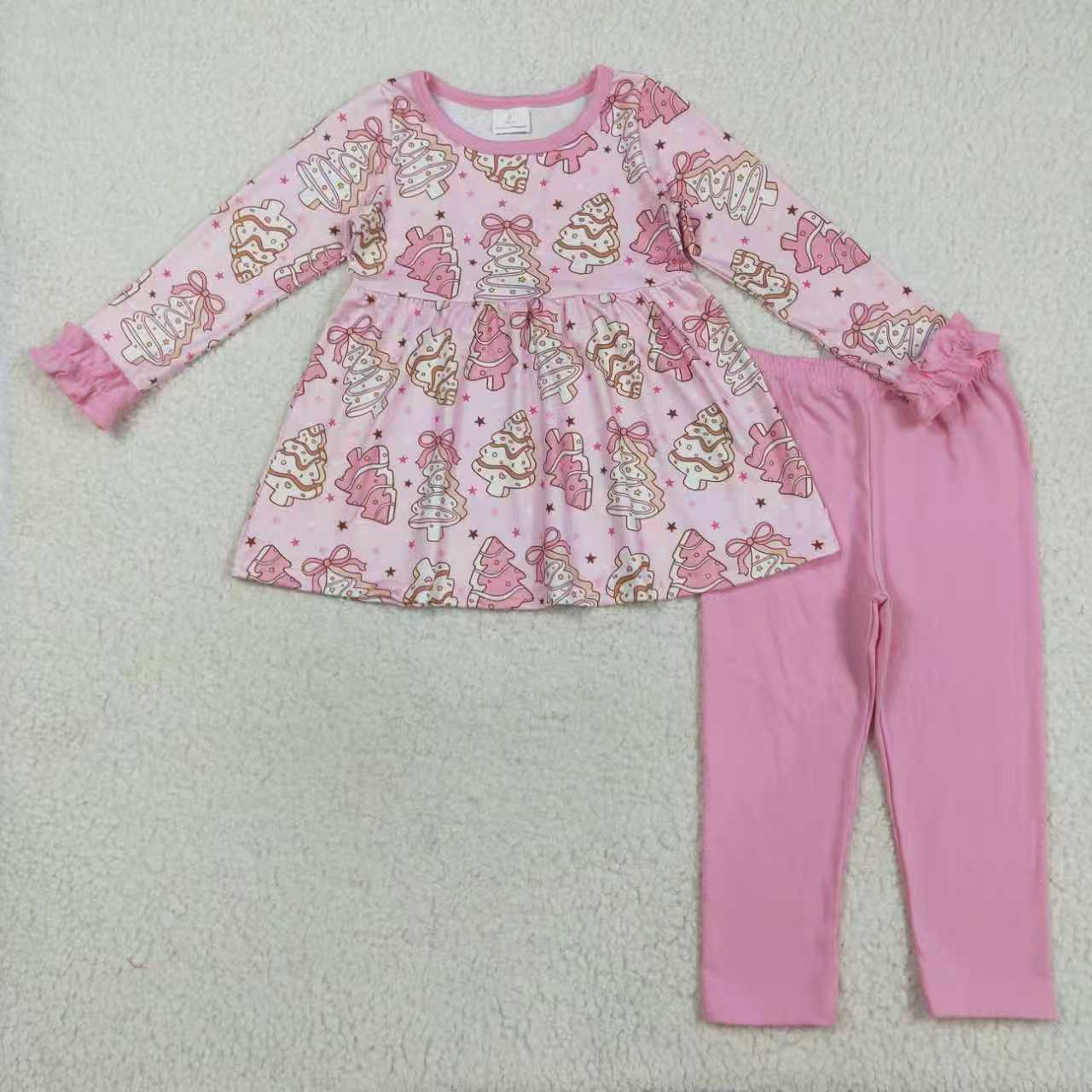 Sibling Kids Girls Long Sleeves Pink Cake Trees Christmas Romper Dress Set Clothes RTS