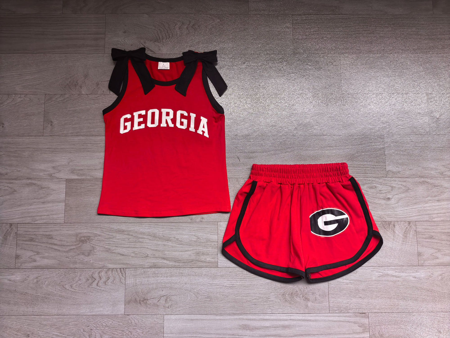 ( No moq ) Preorder Baby Girls Kids Sleeveless Bows Vinyl Shirt Shorts Red Set Team Clothes