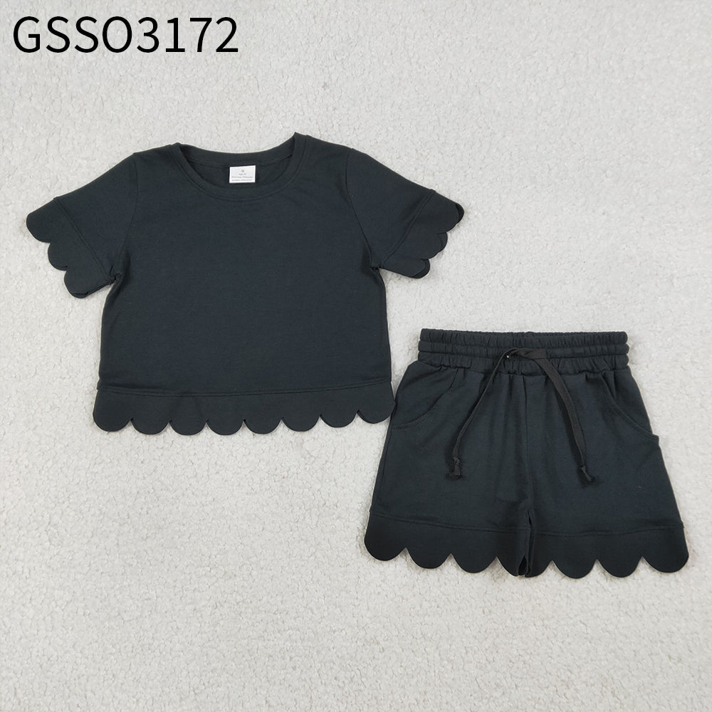 Baby Girls Kids Short Sleeves Black Shirt Scallop Shorts Summer Clothes Set RTS