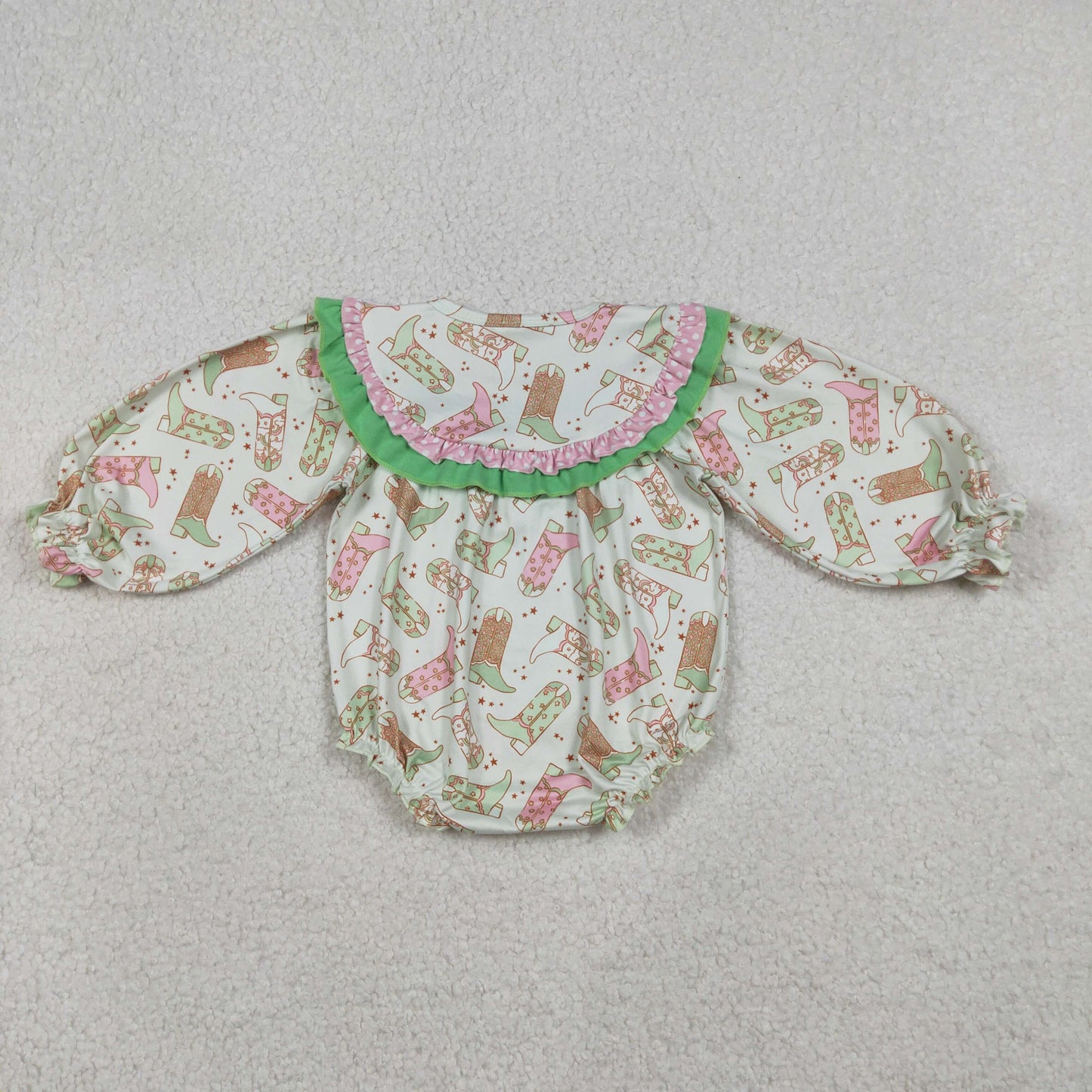 Baby Girls Long Sleeve Embroidery Howdy Boots Green Bubble Ruffle Romper RTS