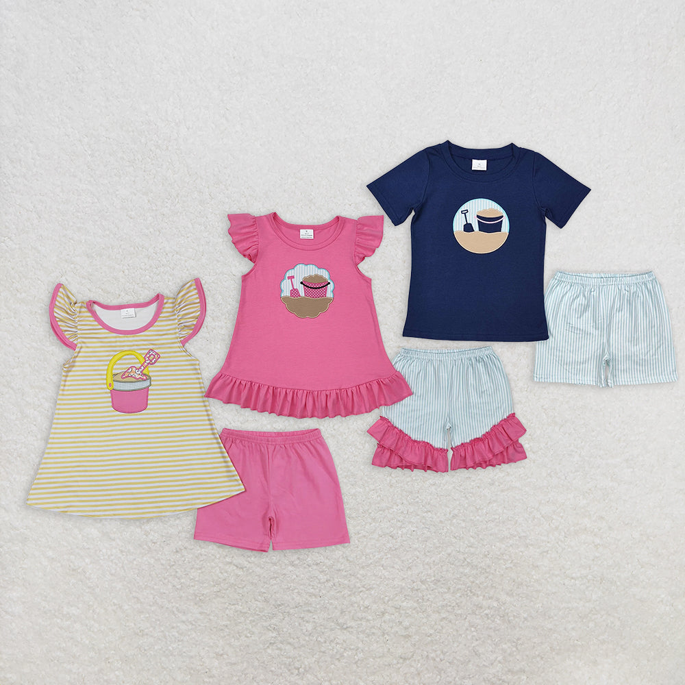 Baby Boy Girl Short Sleeves Embroidery Beach Shirt Shorts Sibling Clothes Set RTS