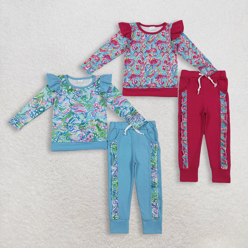 Sibling Baby Girls Kids Long Sleeves Flowers Shirt Pockets Ruffle Pants Clothes Sets RTS