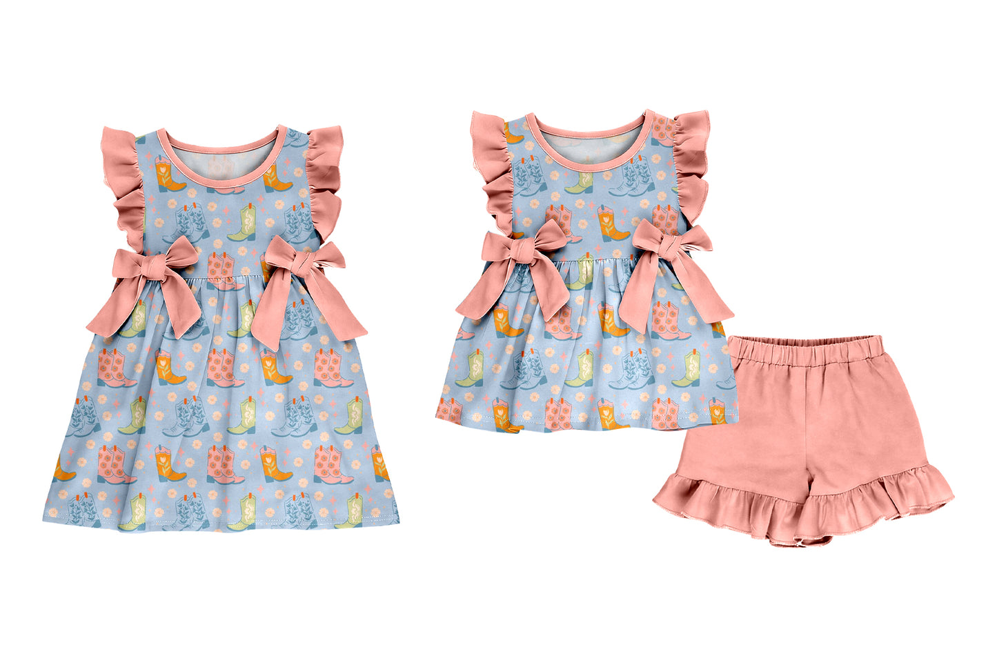 ( Moq 5 Each Style ) Baby Girls Kids Short Sleeves Boots Flower Bows Sibling Dress Set