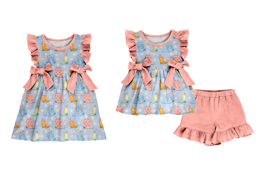 ( Moq 5 Each Style ) Baby Girls Kids Short Sleeves Boots Flower Bows Sibling Dress Set
