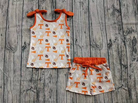 ( Moq 5  ) Baby Girl Sleeves Bows Football Shirt Pockets Shorts T Team Set