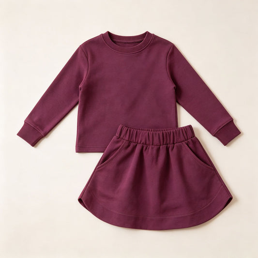 ( Moq 5 ) Preorder Baby Girls Kids Long Sleeves Purple Shirt Pockets Skirt Shorts Cotton Set Clothes
