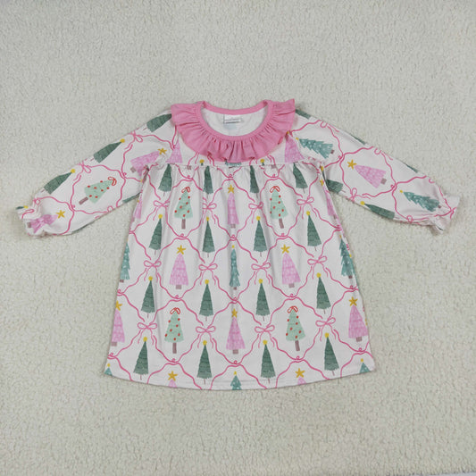 Baby Girl Long Sleeves Tree Bows Christmas Ruffle Knee Length Dress RTS