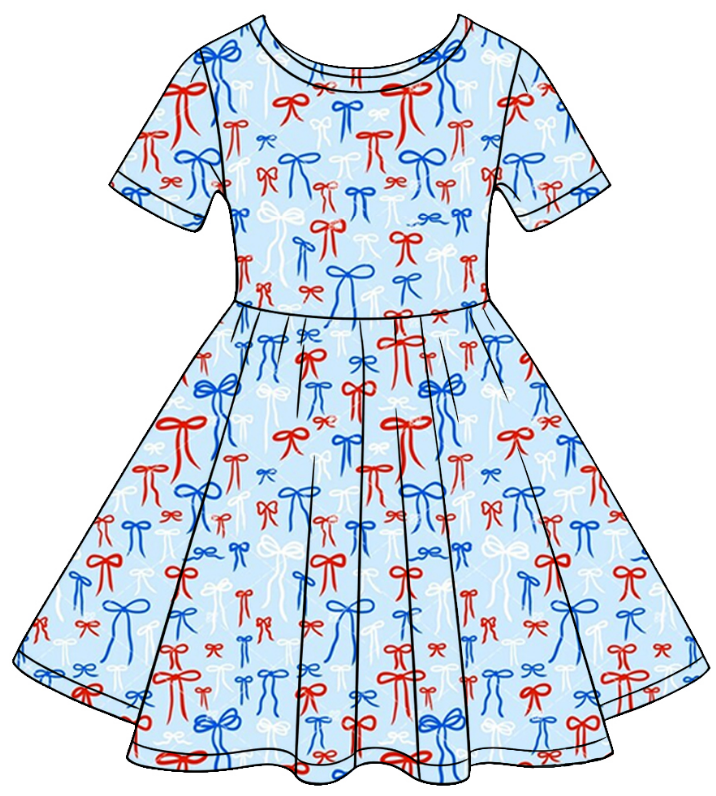 ( Moq 5 ) Baby Girls Toddler Short Sleeves Bows 4th of July Knee Length Ruffle Dress