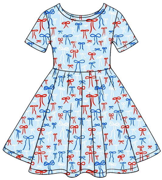 ( Moq 5 ) Baby Girls Toddler Short Sleeves Bows 4th of July Knee Length Ruffle Dress