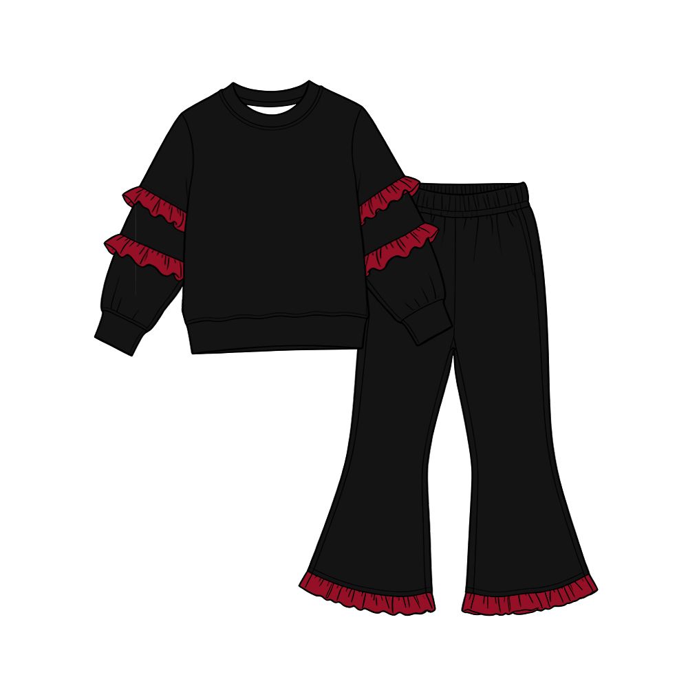 ( Moq 5 ) Preorder Baby Girls Kids Red Ruffle Long Sleeves Shirt Pockets Pants Cotton Set Black Clothes