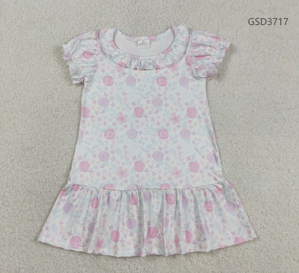 Baby Girls Kids Short Sleeves Purple Pink Flower Ruffle Knee Length Dress RTS