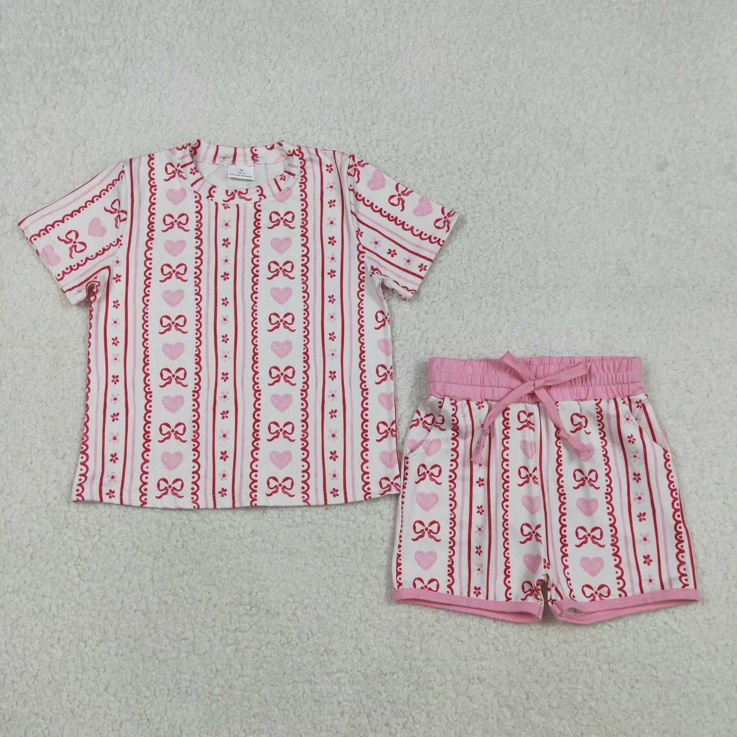 Baby Girls Kids Short Sleeves Hearts Bows Floral Shirt Pockets Shorts Valentine Set RTS