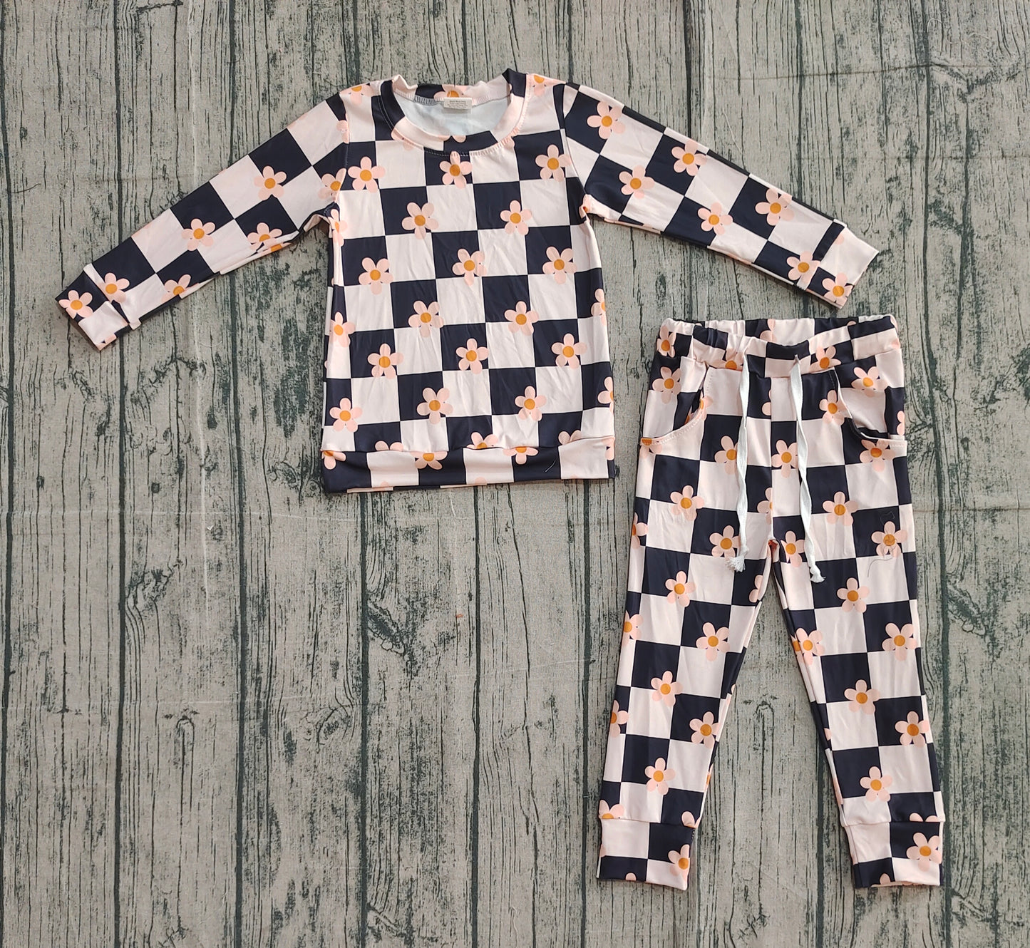 Girls Kids Long Sleeves Flower Plaid Shirt Pockets Pants Clothes Set RTS