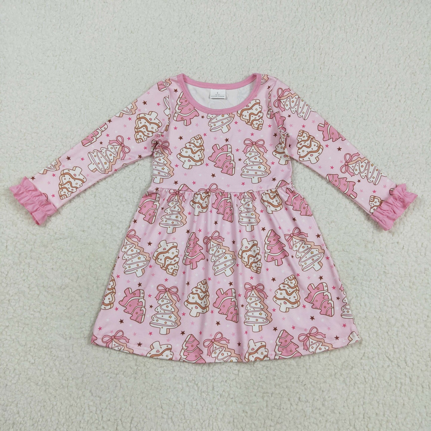 Baby Girl Long Sleeves Pink Cake Trees Christmas Knee Length Dress RTS