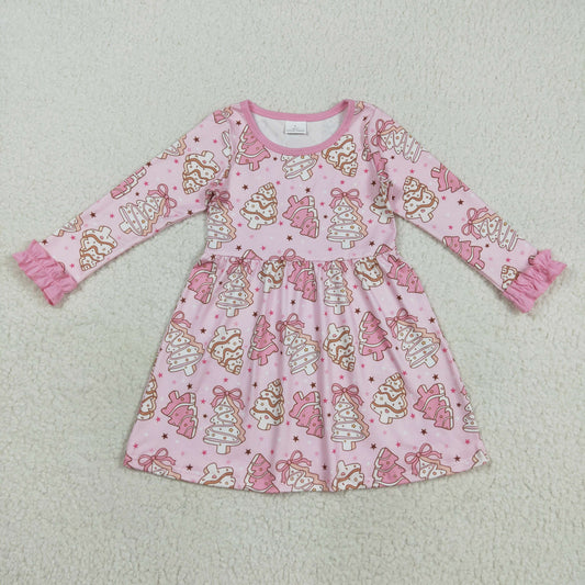 Baby Girl Long Sleeves Pink Cake Trees Christmas Knee Length Dress RTS